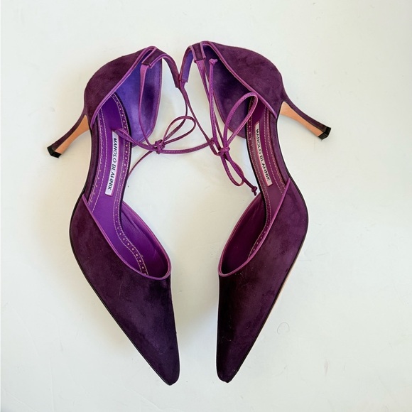 Manolo Blahnik Plum Purple Suede Leather Leyan 70mm ankle tie pumps EU 40.5 - Picture 4 of 10